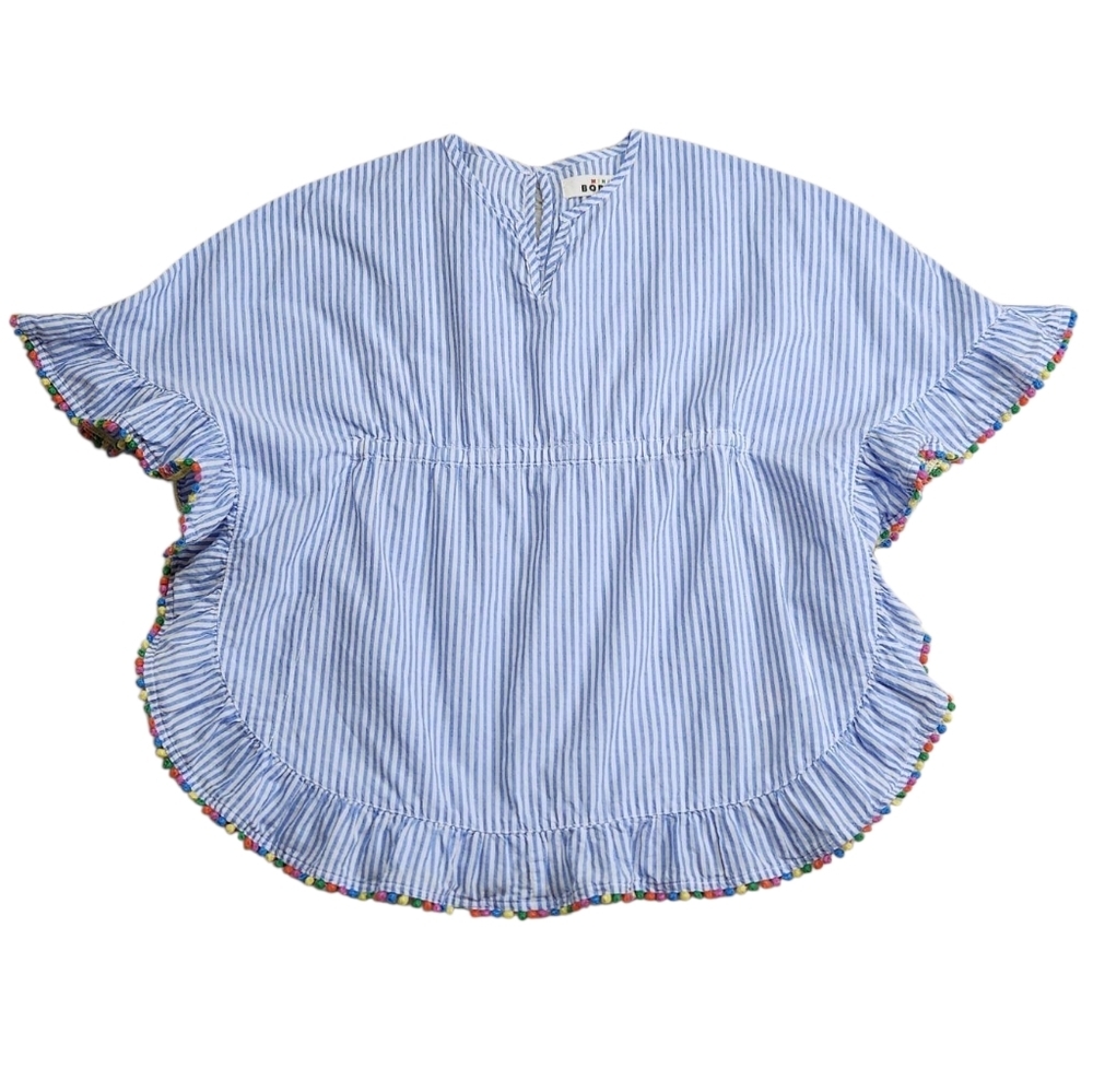 MINI BODEN Pompom Cotton Cover-up Poncho Caftan Blue & White Stripe Sz 3-4 Yrs